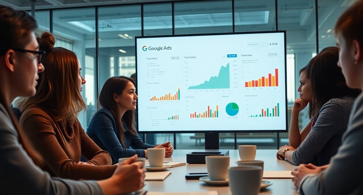 Group of professionals in a meeting discussing Google Ads performance metrics displayed on a screen.