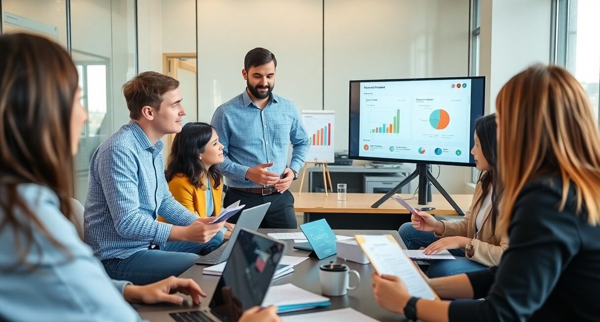 Group of professionals in a meeting discussing digital marketing strategies with a presentation on a screen.