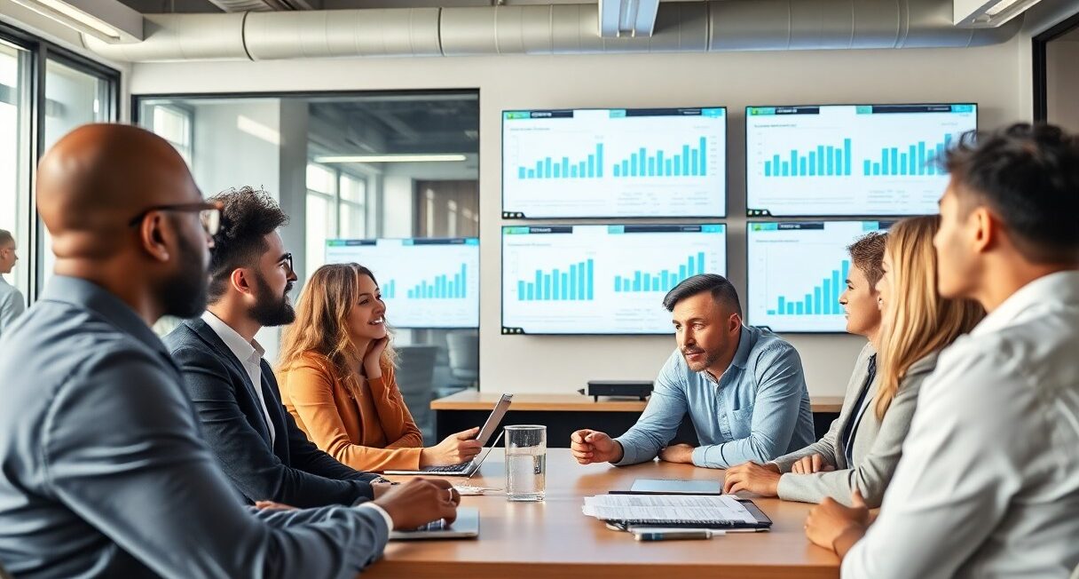 Group of professionals engaged in a meeting with multiple screens displaying data charts in the background.
