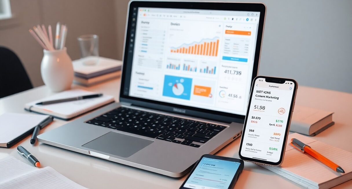 A laptop and smartphone showing digital marketing analytics and statistics on a desk with stationery items.