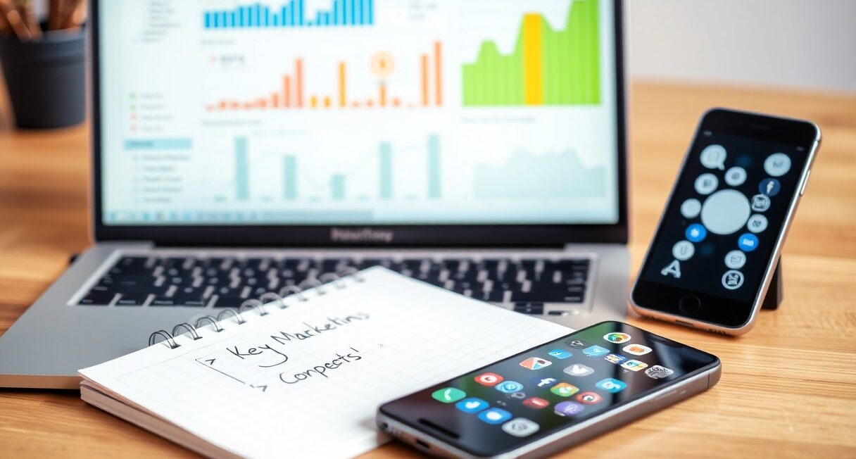 A laptop displaying data charts next to two smartphones and a notepad with handwritten notes.