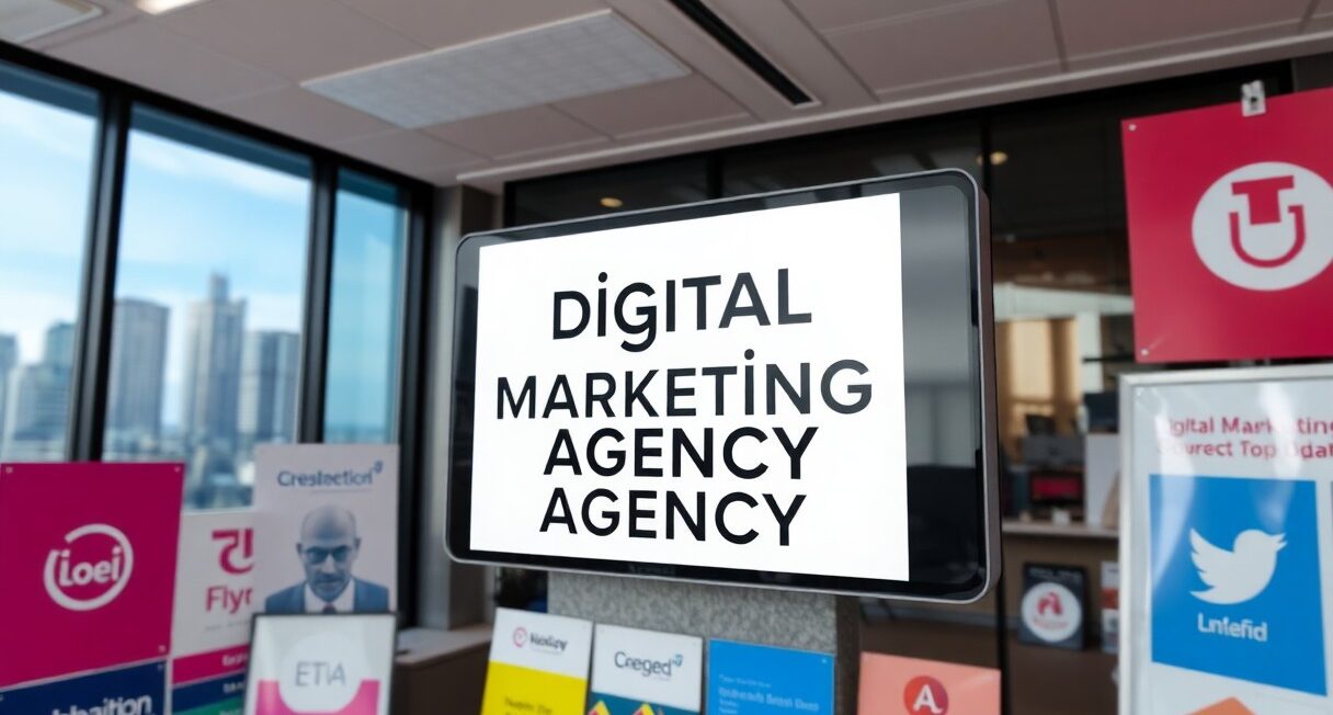 Sign displaying the words 'Digital Marketing Agency' in a modern office setting with various marketing materials in the background.