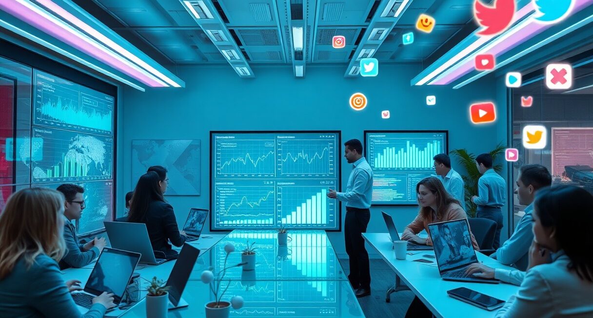 A business meeting in a modern conference room with data analytics displays and social media icons.