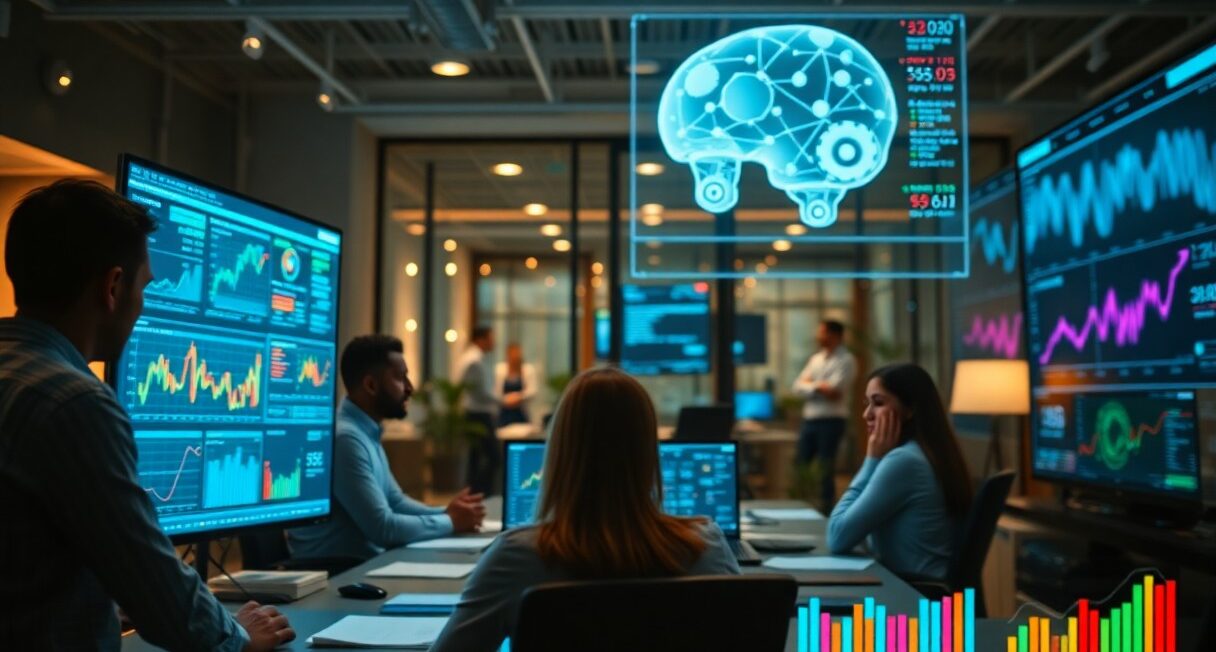 Group of professionals analyzing data with digital screens displaying graphs and AI visuals in a modern office setting.