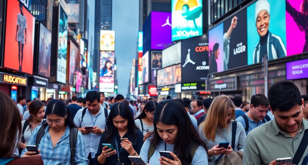 A crowd of people in a city street, all focused on their smartphones with large advertisements in the background.